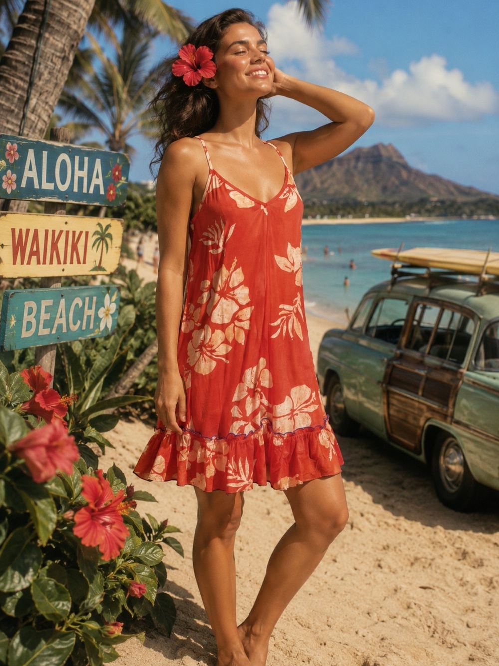 United Colors of Benetton Hibiscus Floral Beach Dress Orange Red V-Neck NWT